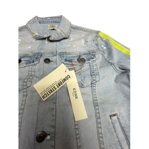 NEW! "KDNK" Mens Light Wash Denim Jacket Neon Stripe Paint Splatter Distressed S